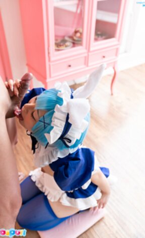 Pretty maid Misa on her knees sucking cock and cum in mouth