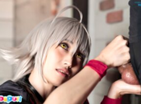 Mizuki on her knees giving handjob and receiving cum in her mouth