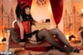 Seated on chair looking down giving footjob wearing stockings
