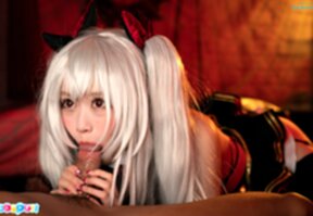 Ria Kurumi on all fours licking and sucking cock and cum in mouth
