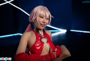 Nagi Tsukino kneeling in red latex dress sucking cock and cum in mouth