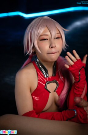 Nagi Tsukino kneeling in red latex dress sucking cock and cum in mouth