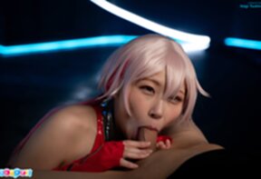 Nagi Tsukino kneeling in red latex dress sucking cock and cum in mouth