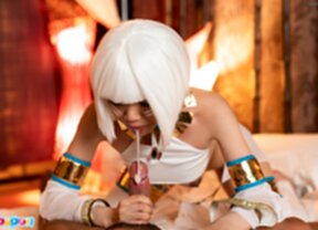 Sara on all fours licking and sucking cock