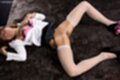 Sugisaki nanami lying exhausted on her back hand resting on her chest legs spread wide shaved pussy exposed panties wrapped around her high heels