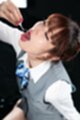 Mizuki on her knees head thrown back playing with cum