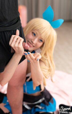 Mizuki on her knees giving handjobs and milking cum from cocks