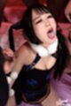 Mouth open showing cum in her mouth holding cock