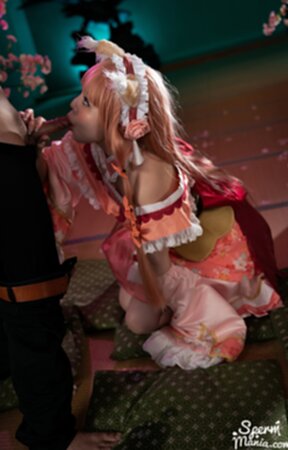 Misa on her knees giving handjobs and sucking cocks