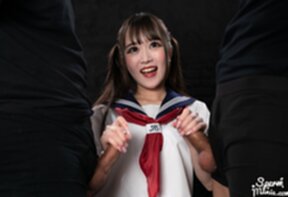 Kogal Kurumi Ria kneeling giving handjobs milking cocks and cum on hands