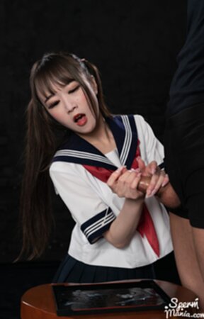 Kogal Kurumi Ria kneeling giving handjobs milking cocks and cum on hands