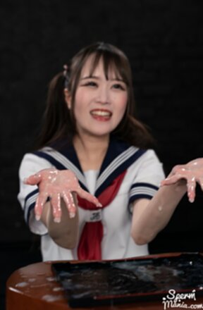 Kogal Kurumi Ria kneeling giving handjobs milking cocks and cum on hands