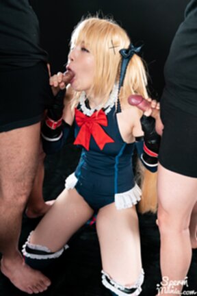 Mary on her knees stroking and sucking cocks and cum in mouth