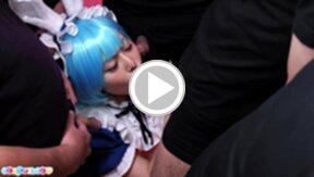 Cute maid Misa blowbanged on her knees and bukkake facial cumshots