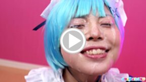 Cute maid Misa blowbanged on her knees and bukkake facial cumshots