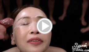Gouda Kyoko kneeling nude blowbanged and taking bukkake facials