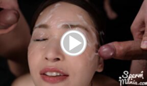 Gouda Kyoko kneeling nude blowbanged and taking bukkake facials