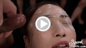 Gouda Kyoko kneeling nude blowbanged and taking bukkake facials