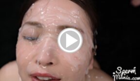 Gouda Kyoko kneeling nude blowbanged and taking bukkake facials